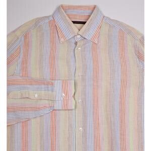 Bijan Beverly Hills Colorful Striped Linen Button-Up Dress Shirt (44) 17.5-36